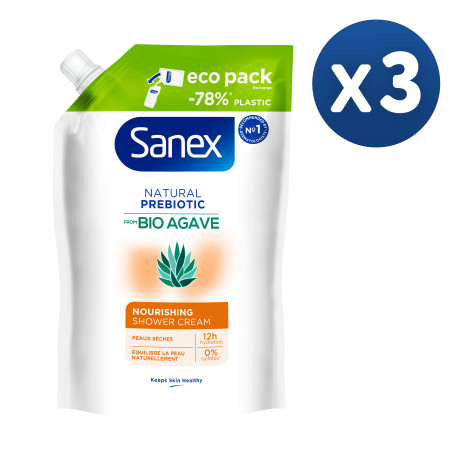 Pack de 3 - Eco recharge Crème de Douche Sanex Bio Agave nourrissant 450ml Pack de 3 - Eco recharge Crème de Douche Sanex Bio Agave nourrissant 450ml