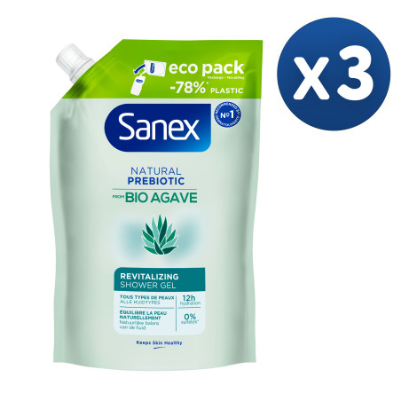 Pack de 3 - Eco recharge Gel douche Sanex Bio Agave revitalisant 450ml Pack de 3 - Eco recharge Gel douche Sanex Bio Agave revitalisant 450ml