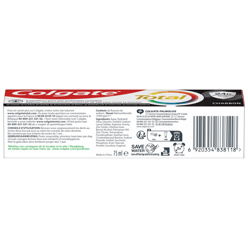 Pack de 4 - Dentifrice Colgate Total Charbon 75ml