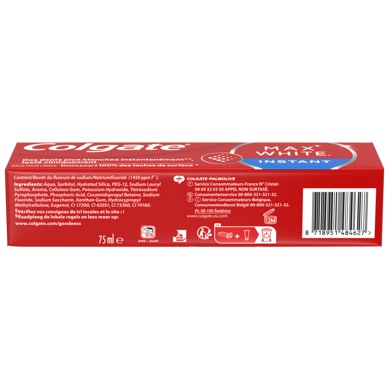 Pack de 4 - Dentifrice Colgate Blancheur Max White Instant 75ml