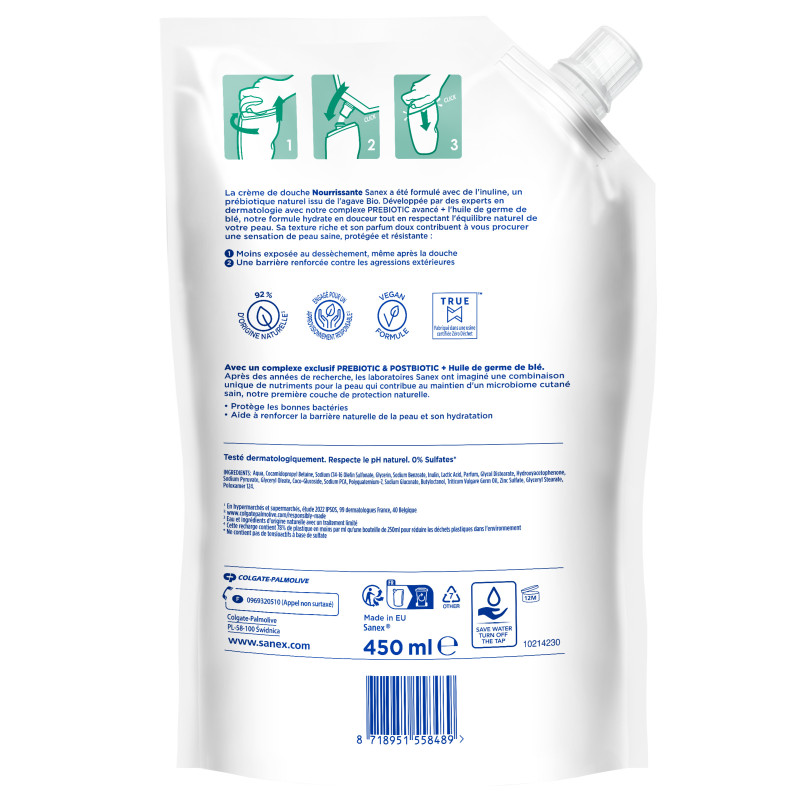 Pack de 3 - Eco recharge Crème de Douche Sanex Bio Agave nourrissant 450ml