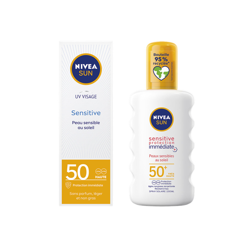 Nivea Sun - Lot Peaux Sensibles Adulte - 1 Crème UV visage FPS 50 + 1 Spray protection FPS 50+