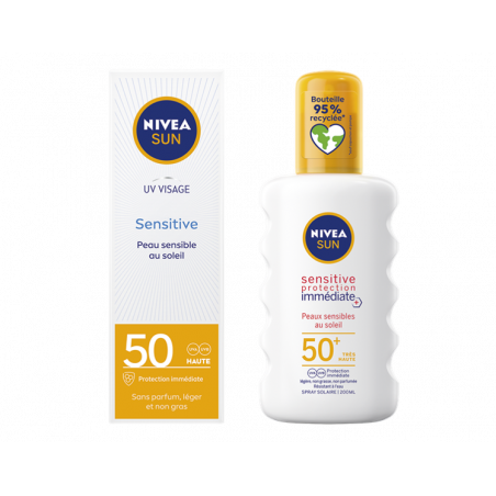 Nivea Sun - Lot Peaux Sensibles Adulte - 1 Crème UV visage FPS 50 + 1 Spray protection FPS 50+