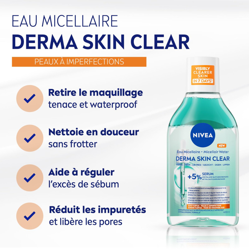 Pack de 2 - NIVEA - Eau Micellaire Démaquillant Peaux à Imperfections Derma Le flacon de 400ml
