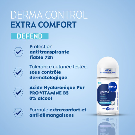 Pack de 2 - NIVEA - Déodorant Bille Anti-transpirant 72H Derma Control Defend Le roll-on de 50ml