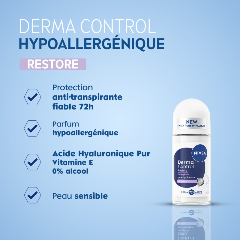 Pack de 2 - NIVEA - Déodorant Bille Anti-transpirant 72H Derma Control Restore  Le roll-on de 50ml