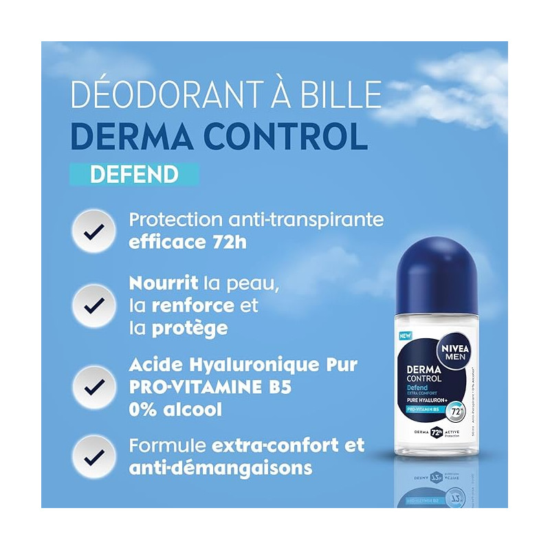 Pack de 2 - NIVEA MEN - Déodorant Bille Anti-transpirant 72H Derma Control Defend Le roll-on de 50ml