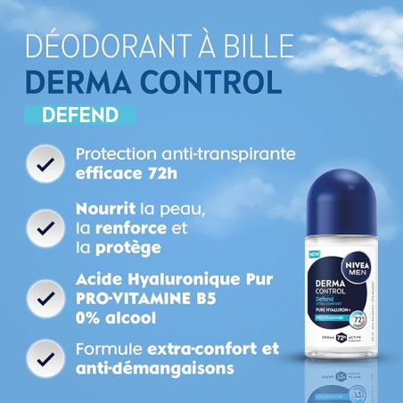 Pack de 2 - NIVEA MEN - Déodorant Bille Anti-transpirant 72H Derma Control Defend Le roll-on de 50ml Pack de 2 - NIVEA MEN - Déodorant Bille Anti-transpirant 72H Derma Control Defend Le roll-on de 50ml