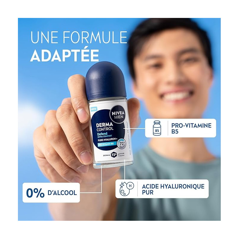 Pack de 2 - NIVEA MEN - Déodorant Bille Anti-transpirant 72H Derma Control Defend Le roll-on de 50ml