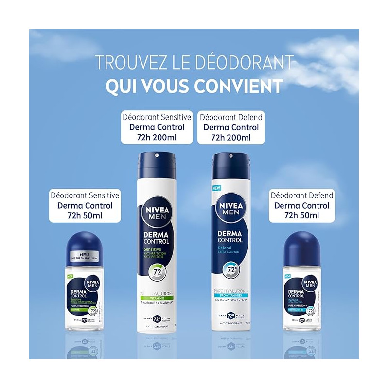 Pack de 2 - NIVEA MEN - Déodorant Bille Anti-transpirant 72H Derma Control Defend Le roll-on de 50ml