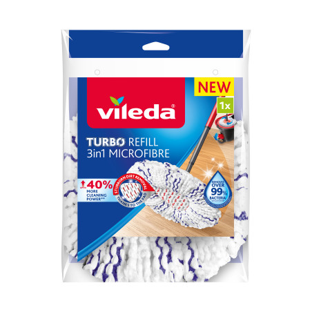 Vileda Recharge Turbo 3 en 1 avec pad central – Retire 99% des bactéries