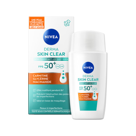 Pack de 2 - NIVEA - Soin Visage Fluide UV Derma Skin Clear FPS 50+ le flacon de 40ml Pack de 2 - NIVEA - Soin Visage Fluide UV Derma Skin Clear FPS 50+ le flacon de 40ml