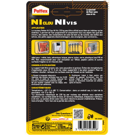 Pattex - Adhésif Fixation Ncnv Double Face 120Kg 19Mm*1.5M Pattex - Adhésif Fixation Ncnv Double Face 120Kg 19Mm*1.5M
