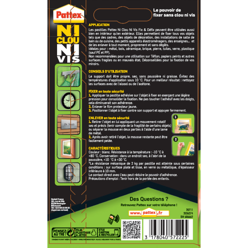 Pattex - Adhésif Fixation Ncnv Fix & Defix 10 Pastilles 2Kg 20Mm*40Mm