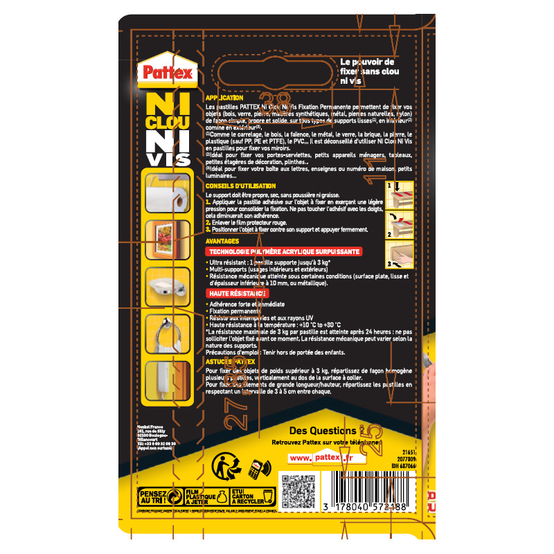 Pattex - Adhésif Fixation Ncnv Fixation Permanente 10 Pastilles 3Kg 20Mm*40Mm