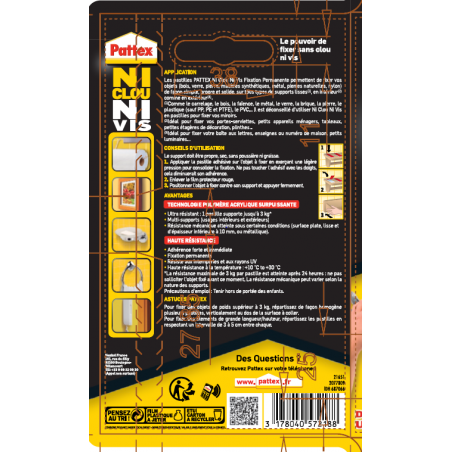 Pattex - Adhésif Fixation Ncnv Fixation Permanente 10 Pastilles 3Kg 20Mm*40Mm