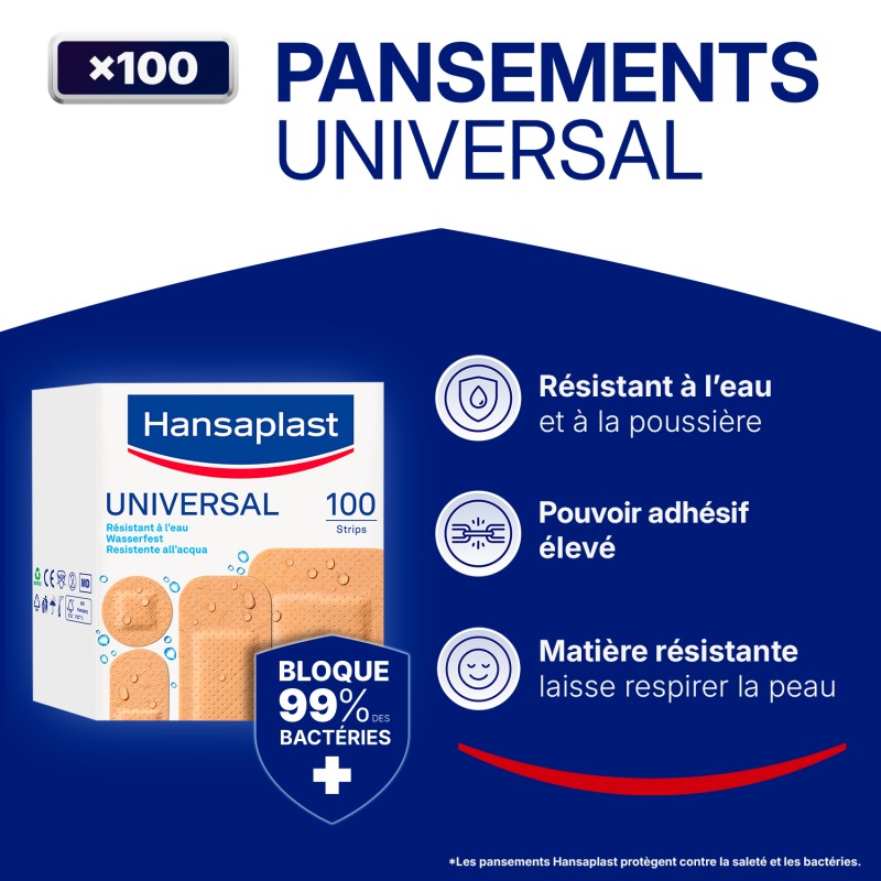 Lot de 3 boîtes de 100 Pansements Prédécoupés Couleur Chair HANSAPLAST UNIVERSAL