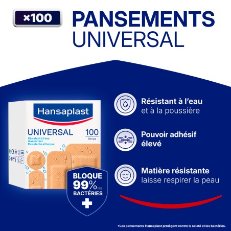 Lot de 3 boîtes de 100 Pansements Prédécoupés Couleur Chair HANSAPLAST UNIVERSAL