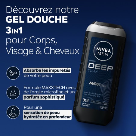 Lot de 3 Gel Douche Homme 3 en 1 Deep NIVEA MEN 250ml