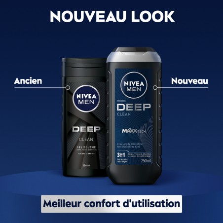 Lot de 3 Gel Douche Homme 3 en 1 Deep NIVEA MEN 250ml