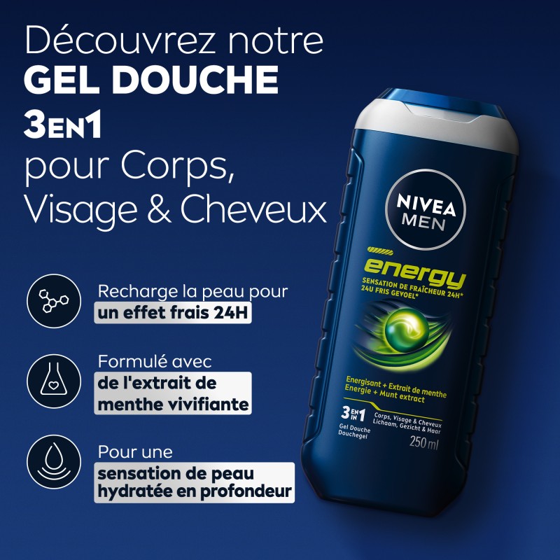 Lot de 3 Gel douche Homme Energisant Energy Extrait de Menthe NIVEA MEN 250ml