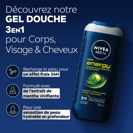 Lot de 3 Gel douche Homme Energisant Energy Extrait de Menthe NIVEA MEN 250ml