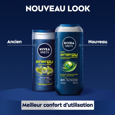 Lot de 3 Gel douche Homme Energisant Energy Extrait de Menthe NIVEA MEN 250ml
