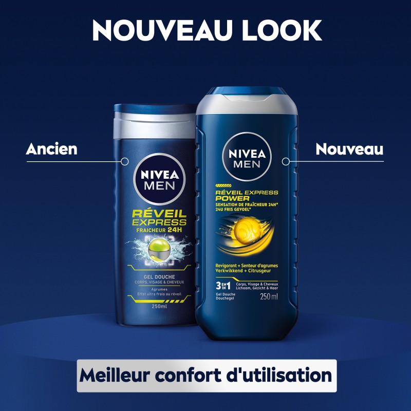 Lot de 3 Gel douche Homme Fraîcheur 3 en 1 Réveil Express NIVEA MEN 250ml