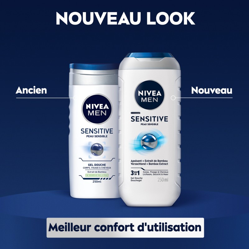 Lot de 3 Gel Douche Homme SENSITIVE Peau sensible 3 en 1 NIVEA MEN 250ml