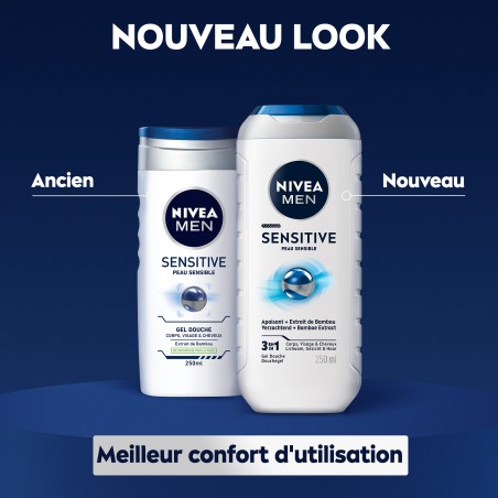 Lot de 3 Gel Douche Homme SENSITIVE Peau sensible 3 en 1 NIVEA MEN 250ml