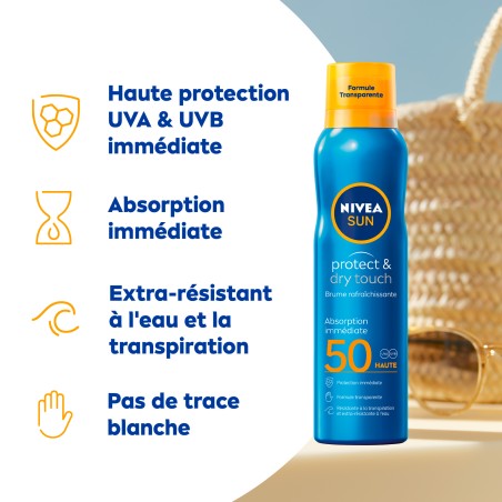 Lot de 2 Crème protection solaire brume FPS 50 Protect & Dry touch NIVEA SUN 200ml