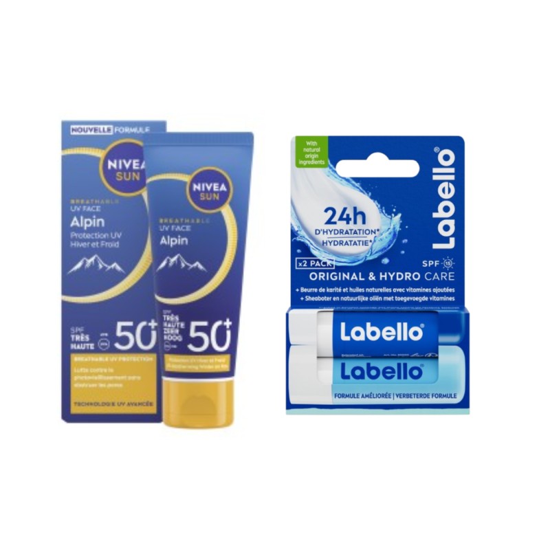 Lot Crème visage solaire Alpin SPF50 NIVEA SUN 40ml + Baume soin des lèvres stick Original + Hydro Care