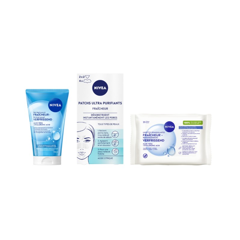 LOT TOILETTE FRAICHEUR NIVEA : 6 Patchs Ultra Purifiants  + Gel Nettoyant Visage  150ml + Lingettes Démaquillantes 20 pièces