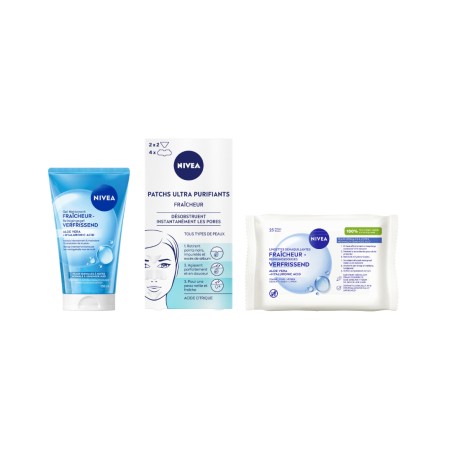LOT TOILETTE FRAICHEUR NIVEA : 6 Patchs Ultra Purifiants  + Gel Nettoyant Visage  150ml + Lingettes Démaquillantes 20 pièces