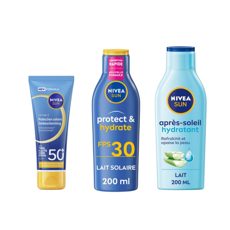 Lot Crème protection solaire visage SPF50 lait corps FPS 30 Protect & Hydrate & Après-soleil Lait Hydratant