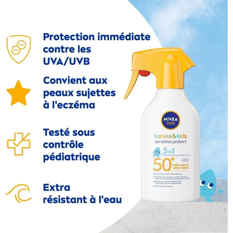 Lot Crème Solaire Pistolet Sensitive Bébés & Enfants FPS 50+ & Crème solaire Lait SPF 50+ Hydrate