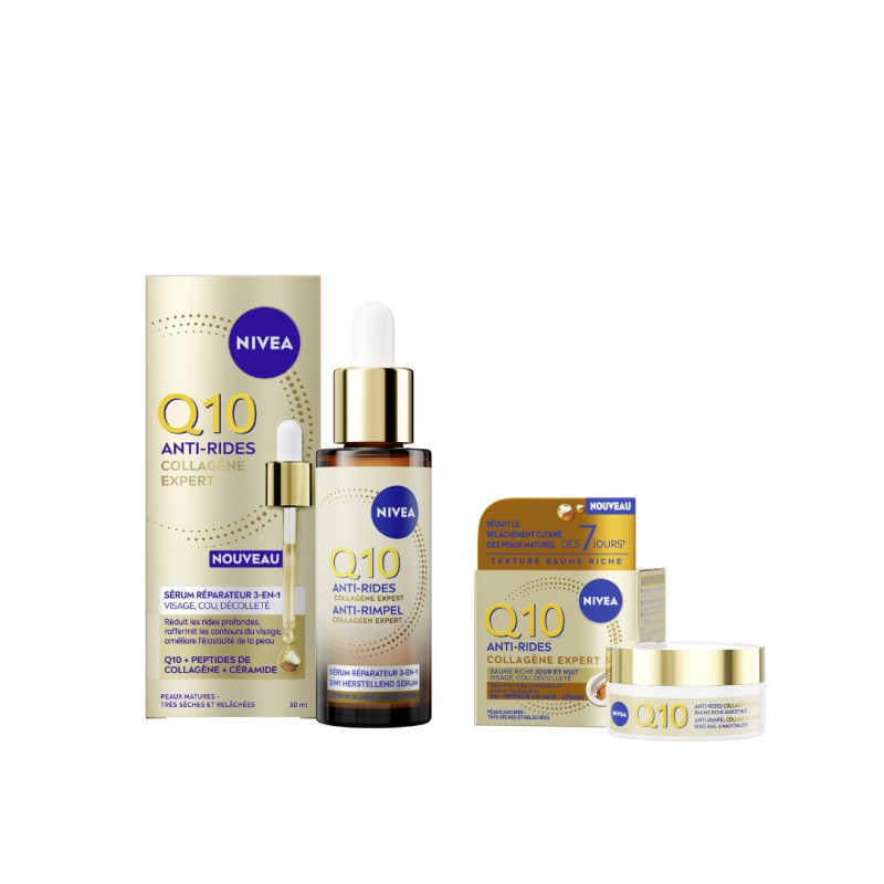 Lot Q10 COLLAGENE : Sérum Visage Collagène Expert Q10 NIVEA 30ml + Baume Riche Jour Nuit Q10 Collagène Expert NIVEA 50ml