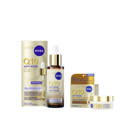 Lot Q10 COLLAGENE : Sérum Visage Collagène Expert Q10 NIVEA 30ml + Baume Riche Jour Nuit Q10 Collagène Expert NIVEA 50ml