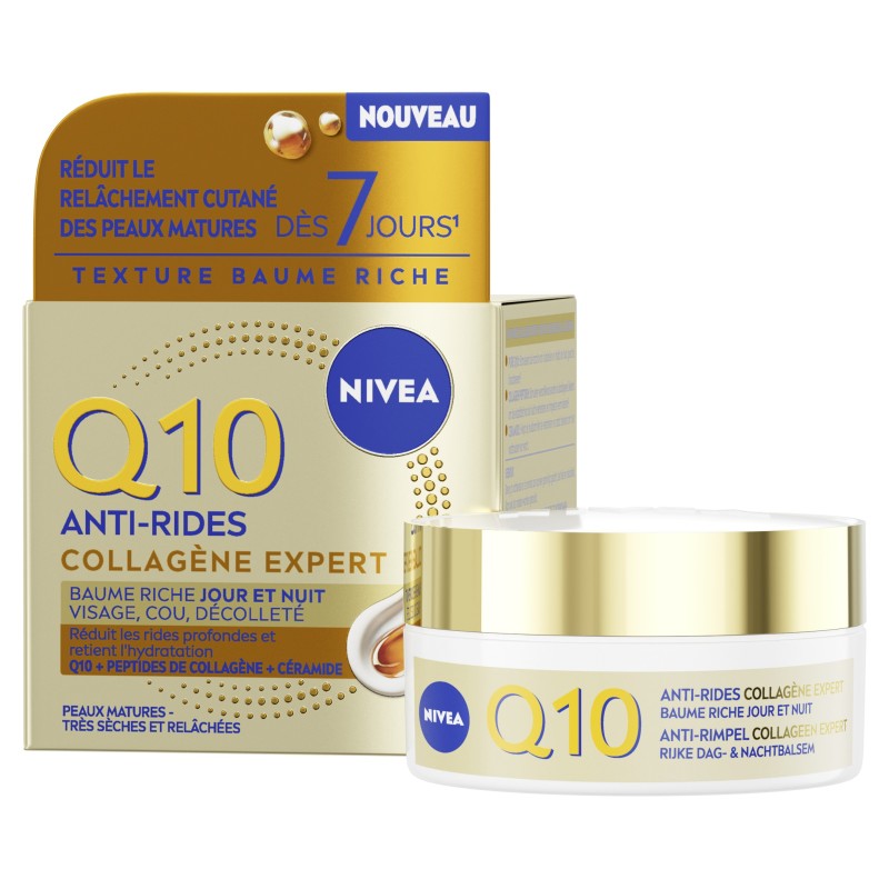 Lot Q10 COLLAGENE : Sérum Visage Collagène Expert Q10 NIVEA 30ml + Baume Riche Jour Nuit Q10 Collagène Expert NIVEA 50ml