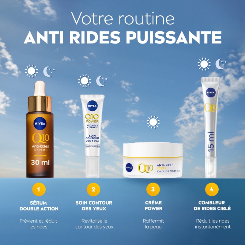 Lot ROUTINE Q10 anti-rides - Sérum 30 ml + Crème jour 50 ml + Crème nuit 50 ml +Crème contour yeux 15ml + Sérum 15ml