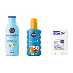 Nivea - Lot spray solaire bronze & protect & Stick solaire 50+ & Après solaire