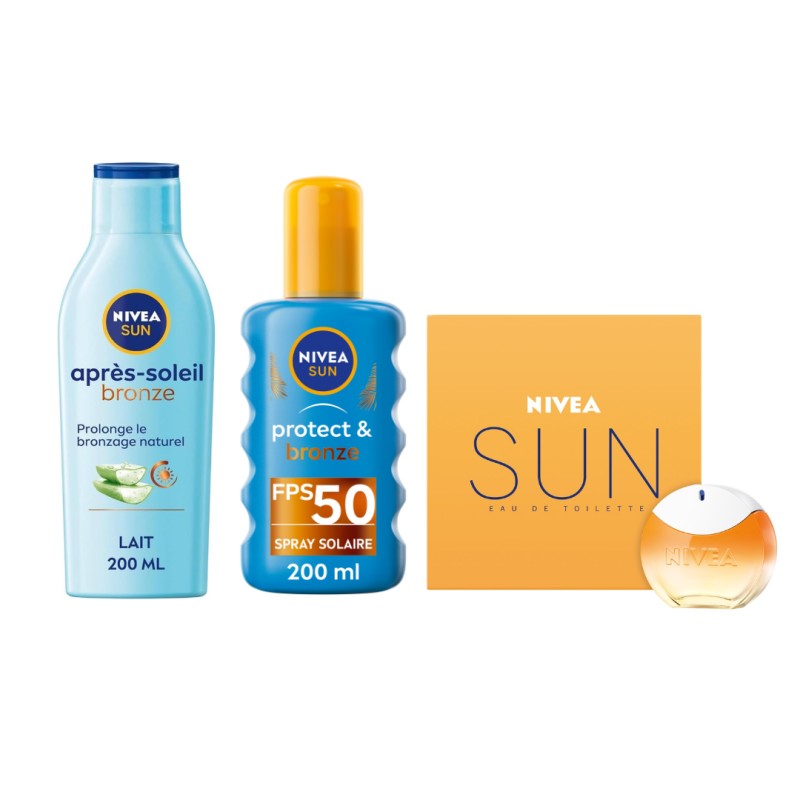 Nivea Sun - Lot spray solaire Protect & Bronze 50+, après soleil &Eau de toilette Fragrance Crème Solaire