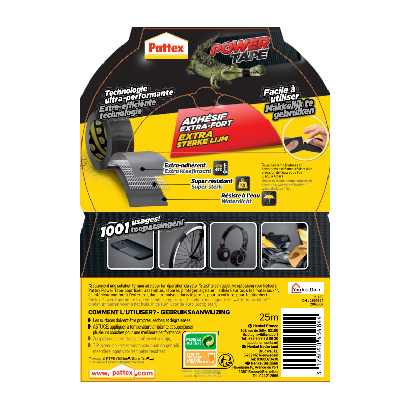 Pack de 2 - Pattex - Adhésif Réparation Power Tape Noir Etui 25M