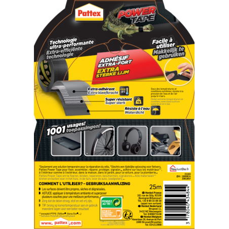 Pack de 2 - Pattex - Adhésif Réparation Power Tape Noir Etui 25M Pack de 2 - Pattex - Adhésif Réparation Power Tape Noir Etui 25M