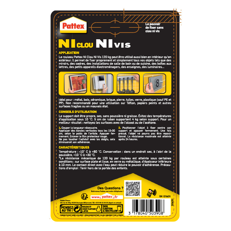 Pack de 2 - Pattex - Adhésif Fixation Ncnv Double Face 120Kg 19Mm*1.5M