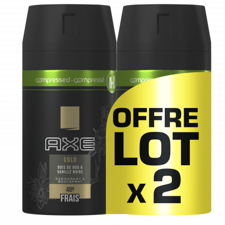 Axe Gold Compressé Déodorant Homme Spray Bois de Oud et Vanille Noir Frais 48H Lot 2x100ml