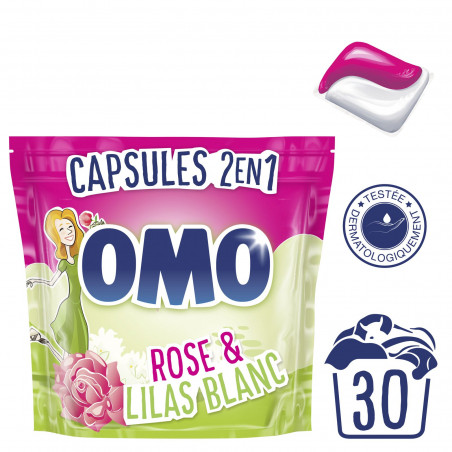 Omo Lessive Capsules 2en1 Rose & Lilas Blanc 30 Dosettes