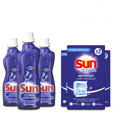 Sun - Kit Entretien Lave Vaisselle : 9 doses Nettoyant Lave-Vaisselle Classic (3 x 3doses) et 3 Liquides de Rinçage 500ml